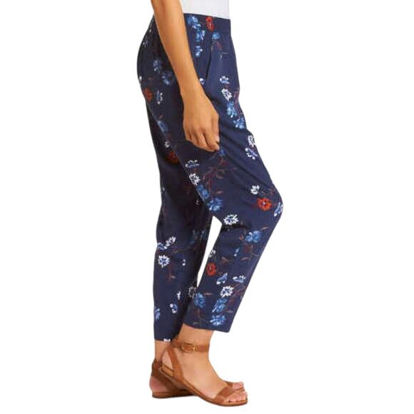 JESSICA SIMPSON Floral Blue Cropped Pants Pull On Banded Waist Relaxed Lagenlook - Picture 2 of 10